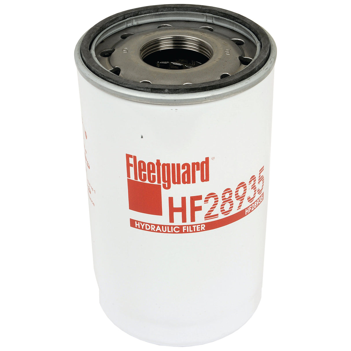 A white, cylindrical hydraulic filter featuring red text and a threaded metal top, suitable for Deutz-Fahr AGROTRON and Lamborghini FORMULA tractors; it’s the HF28935 spin-on hydraulic filter by Sparex (Sparex Part No. S.109216).