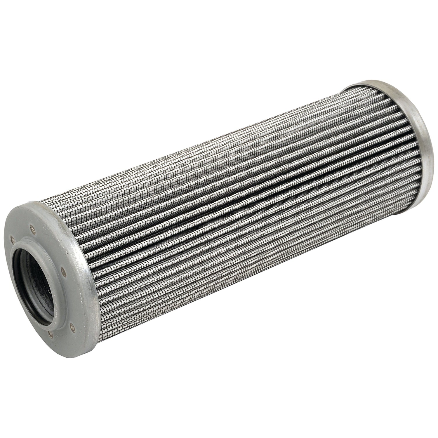 A cylindrical metal hydraulic filter with parallel grooves and capped ends, compatible with Fleetguard HF35340 and ideal for Deutz-Fahr AGROTRON, is available as the Sparex Hydraulic Filter - Element - HF35340 (Part No. S.109256).