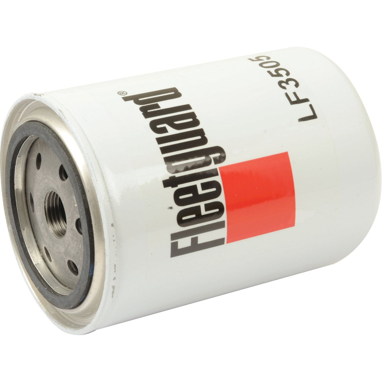 Image of a Sparex LF3505 spin-on oil filter with a white cylindrical body, open metal end, and prominent black and red labeling. Compatible with Ford/New Holland machinery, this oil filter ensures optimal performance and protection.