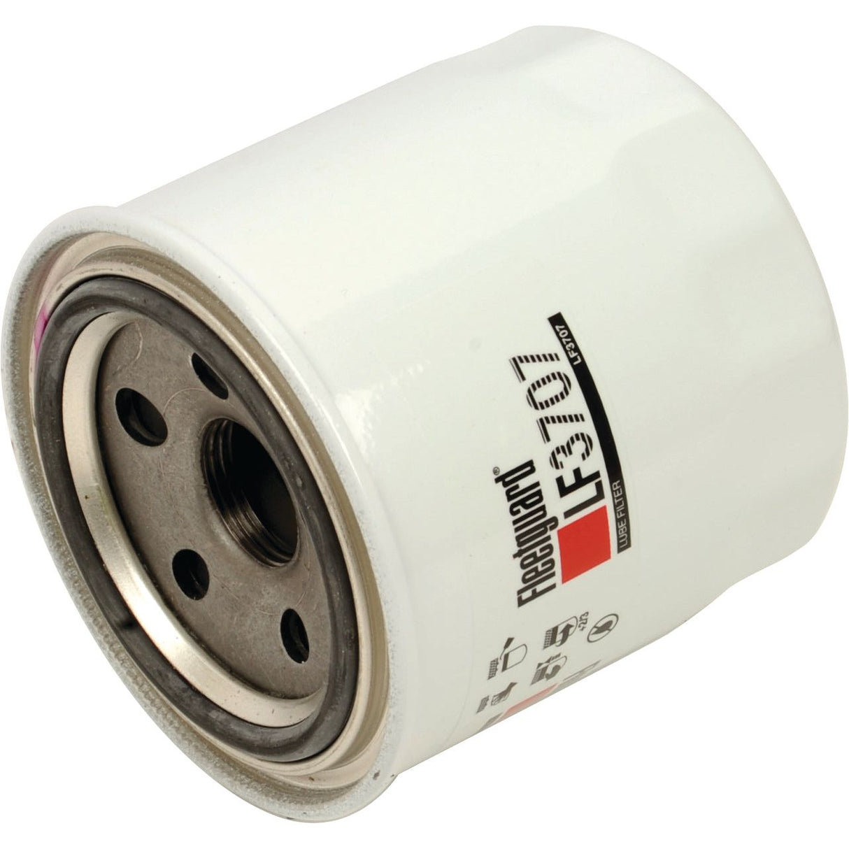 A white, cylindrical oil filter with metal openings, labeled "Sparex LF3707" in black and red text. Perfect for your Kubota B1700, the overall height ensures a compatible fit.