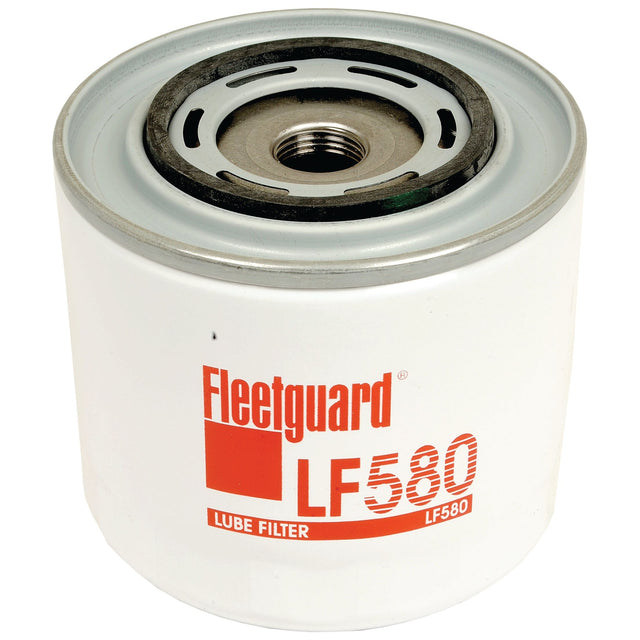 A Sparex Oil Filter - Spin On - LF580 (Sparex Part No. S.109486) with a white cylindrical body and a silver top, designed for engine lubrication systems and featuring precise thread size compatibility.