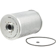 A cylindrical Sparex Hydraulic Filter - Element, Part No. S.109695, and a small O-ring lay flat on a white surface. The filter housing features perforations and markings.