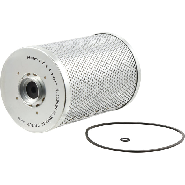 A cylindrical Sparex Hydraulic Filter - Element, Part No. S.109695, and a small O-ring lay flat on a white surface. The filter housing features perforations and markings.