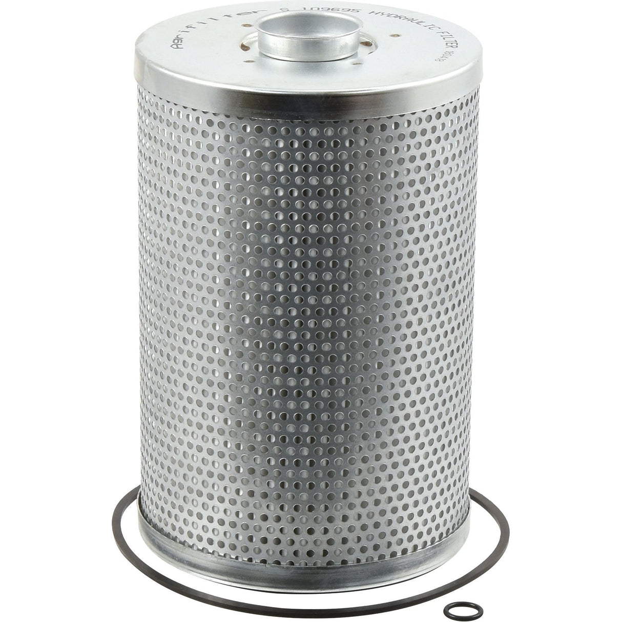 Image of a metallic, cylindrical hydraulic filter with a perforated surface, placed on a white background. A small rubber O-ring is also visible next to the Sparex Hydraulic Filter - Element (Part No. S.109695).