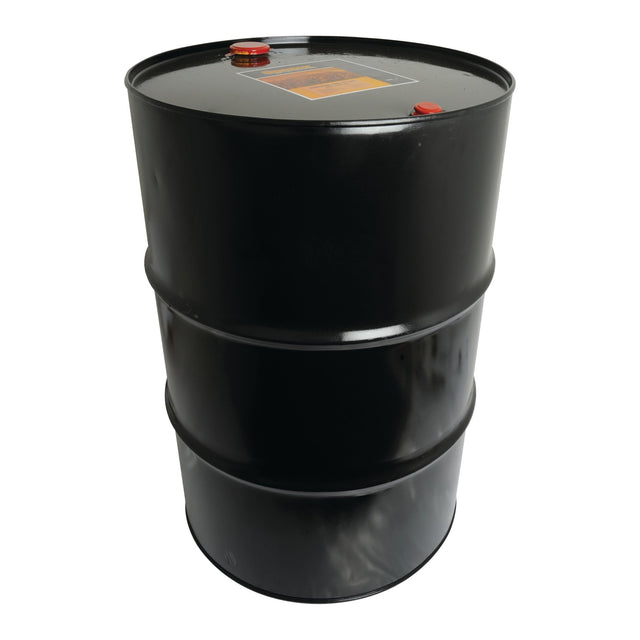 The Total Driveline Lubricant TDL 80W/90, 200 liters (Sparex Part No.S.109925) from Sparex is a black, cylindrical metal drum with a red cap and a caution label on top, ideal for storing gear oil for ATV transmissions.