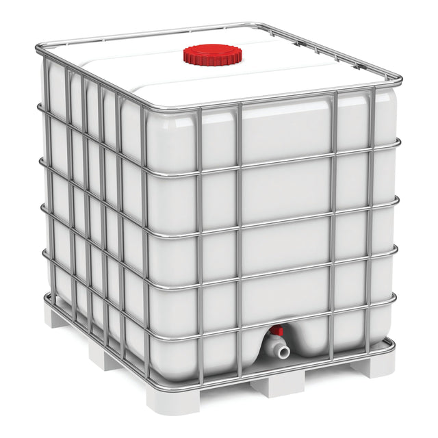 The Sparex Universal Oil 10W/40, 1000-liter IBC (Part No. S.109927) is a white industrial plastic tote featuring a red cap and metal cage, ideal for storing and transporting liquids such as tractor oil.