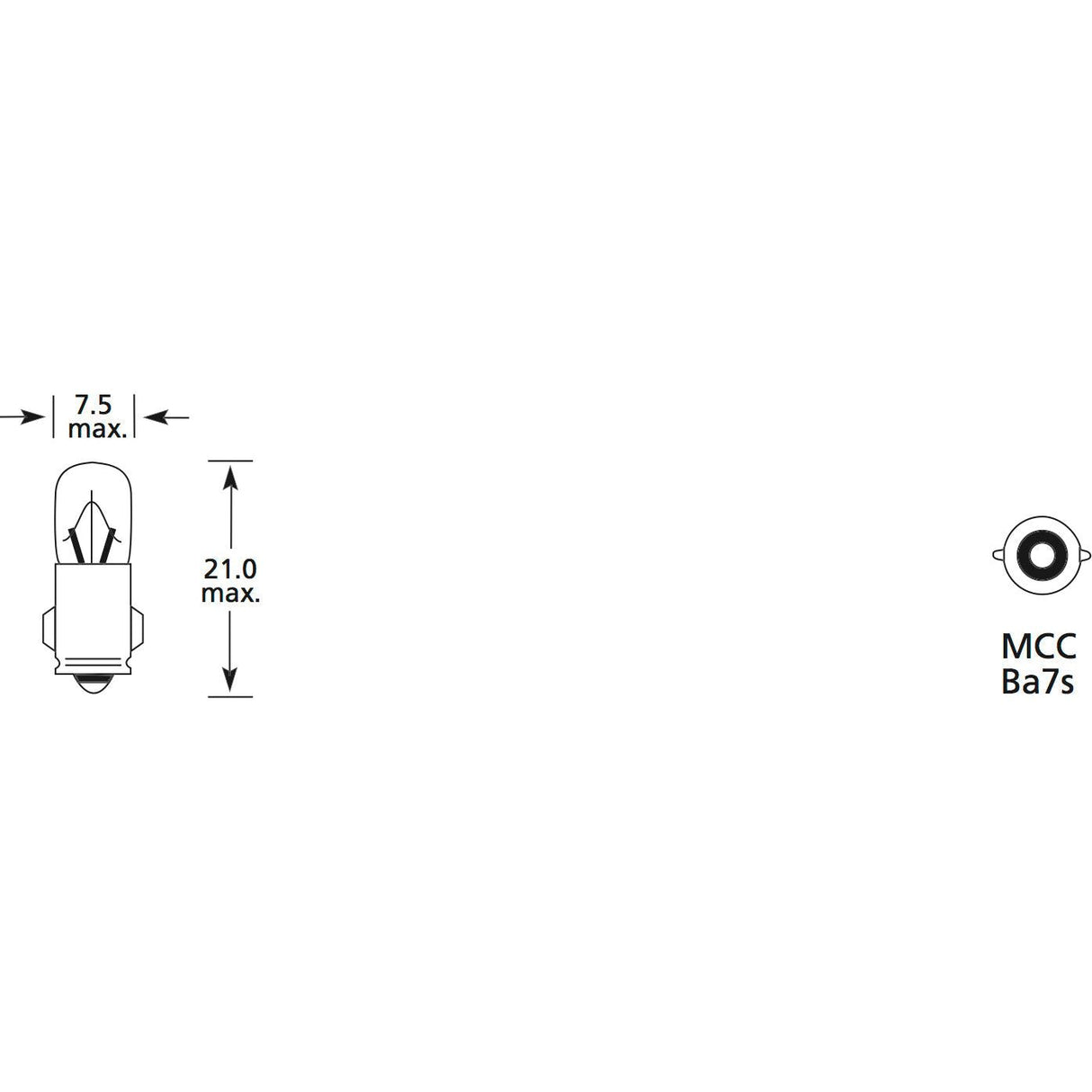 Diagram of a Sparex Light Bulb (Filament) with a 12V, 2W BA7s base, dimensions: 7.5 mm diameter and 21.0 mm maximum height (Sparex Part No.S.109963).