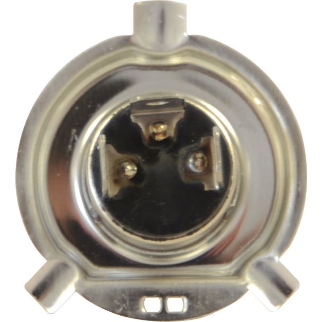 Close-up of a circular metallic electrical socket with two metal prongs inside and a tab at the top for mounting, specifically designed to fit a Sparex Light Bulb (Halogen), 24V, 70W, P43t (Part No. S.109988).