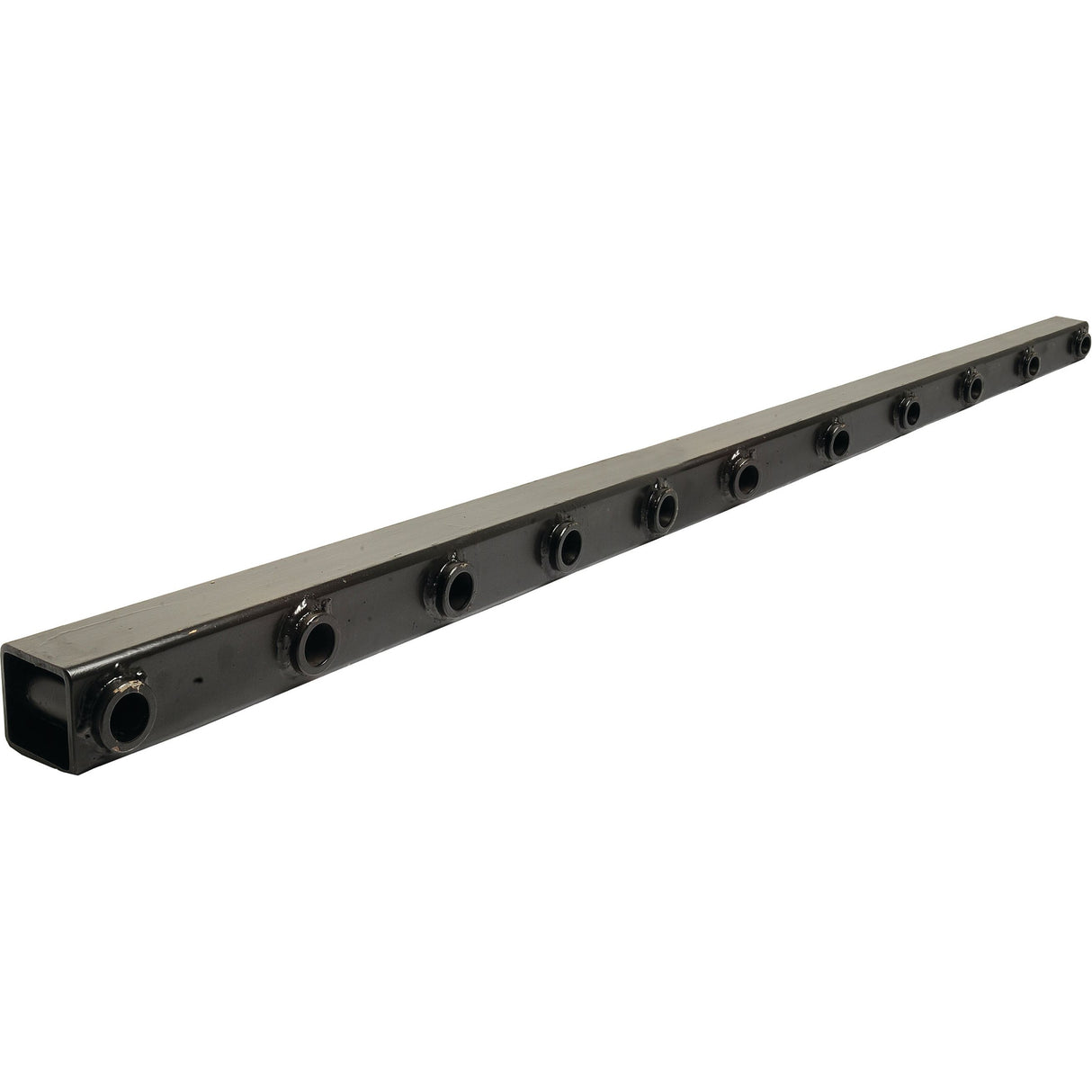 The Sparex Pre Bushed Tube (Sparex Part No.S.110577) is a 2100mm long, rectangular black metal pipe with multiple evenly spaced bolt holes along its length and a welded bush fitting for enhanced durability.