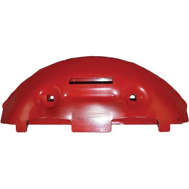 A red, curved plastic part named "Skid" by Sparex, measuring 147mm in length, 385mm in width, and 40mm in depth. The part features three cutout sections and two holes with specific centers for precise fitment and serves as a replacement for Kuhn model number 55901200 (Sparex Part No. S.110605).