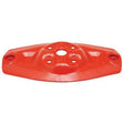 A 390mm long, red mower cutting disc from Sparex, featuring a symmetrical design and a central hole with multiple smaller holes around it. It is suitable as a replacement for Kuhn or John Deere models, ideal for efficiently mounting or aligning components. This product fits as part number 56812600 and has hole centers at 110mm and 340mm (Sparex Part No.S.110611).