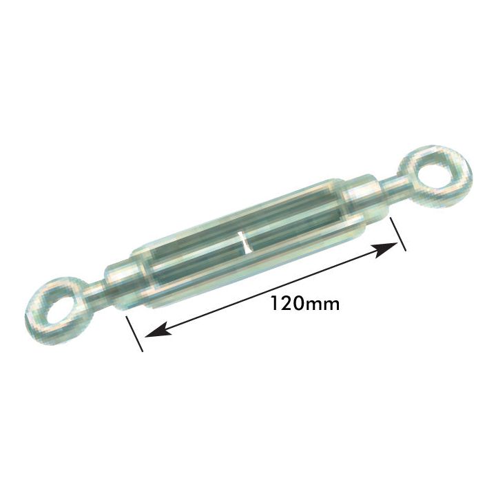 Introducing the Turnbuckle - Eye/Eye,⌀: M10 - S.11075 by Sparex, a metal turnbuckle with eyelets on both ends designed to meet DIN Standard specifications and featuring a labeled length of 120mm.