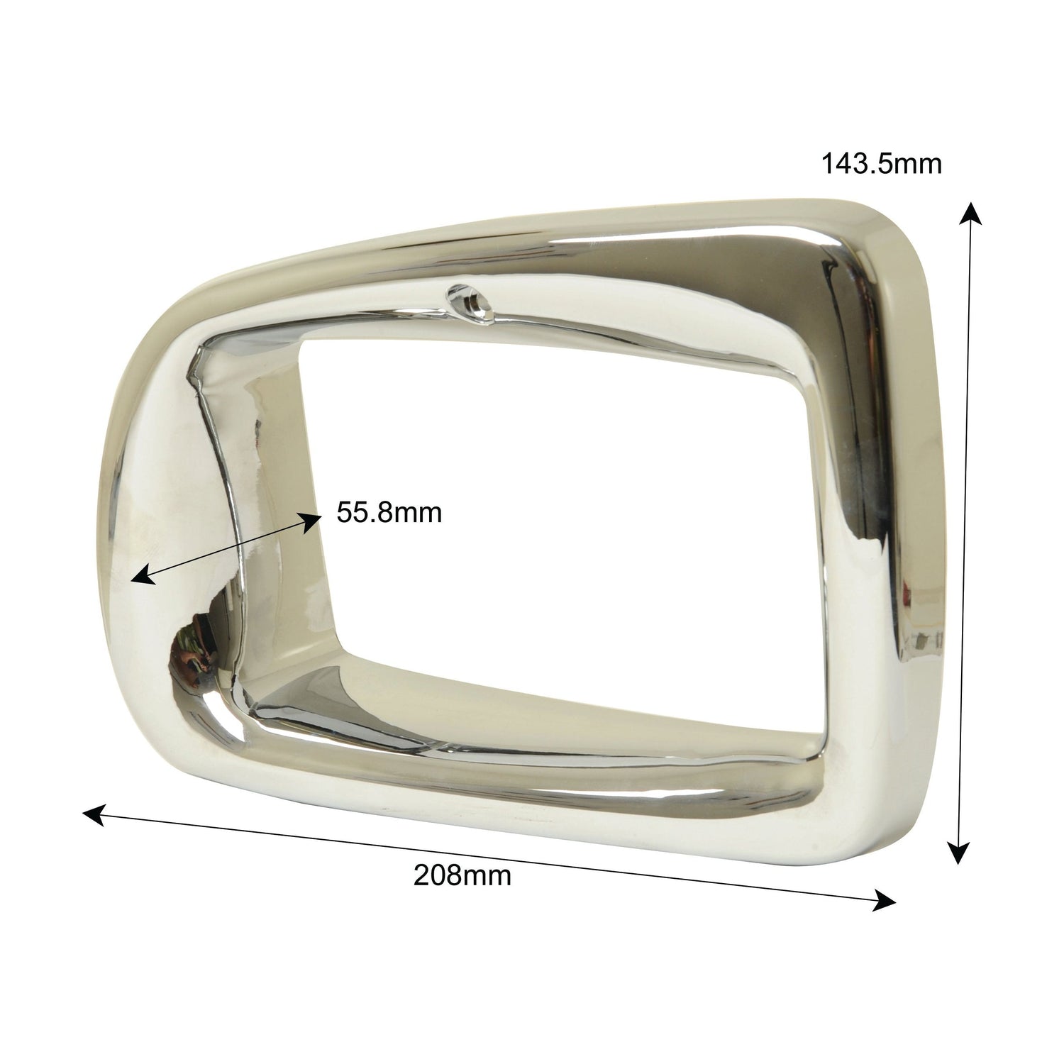 Chrome rectangular frame with rounded corners, dimensions: 143.5mm height, 208mm width, and 55.8mm diagonal depth. Ideal for applications such as the Head Light Surround LH (Sparex Part No.S.110810) on Valmet & Valtra models from the Sparex brand.