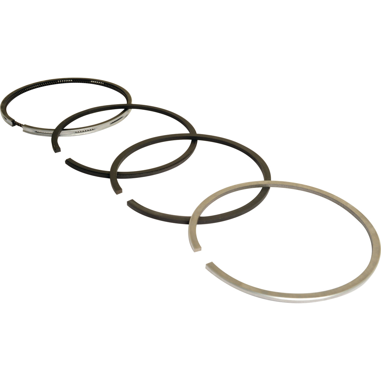 Four Sparex piston rings, identified by Sparex Part No. S.110972, are aligned in a row, showcasing their varying thickness and material to illustrate different designs and purposes for use in a Sisu 310 Engine.