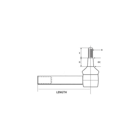 Technical drawing of a mechanical part featuring various measurements labeled B, C, D, E, and LENGTH with lines indicating specific dimensions. Suitable for Sparex Track Rod (S.111041), 260mm in length. Compatible with Massey Ferguson models.