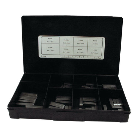 The Sparex Metric Parallel Keys Assortment (Handipak, 80 pcs, Part No. S.11160) comes in a black case with compartments for various-sized rectangular metal pieces. The inside of the lid features a white label listing different measurements according to DIN 6885A Metric Parallel Key standards.