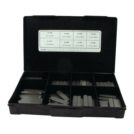 The Sparex Metric Parallel Keys Assortment, 80 pcs. Handipak (Sparex Part No.S.11161), is a black plastic case containing multiple metal rectangular slotted keys, including DIN 6885A Metric Parallel Keys, organized into different compartments with a reference chart attached inside the lid.