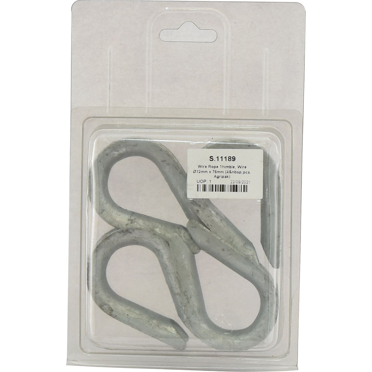 Packaged in an Agripak plastic blister pack, the label on the Sparex product reads "Wire Rope Thimble, Wire Ø12mm x 76mm (4 pcs. Agripak) | Sparex Part No. S.11189" with additional product details.