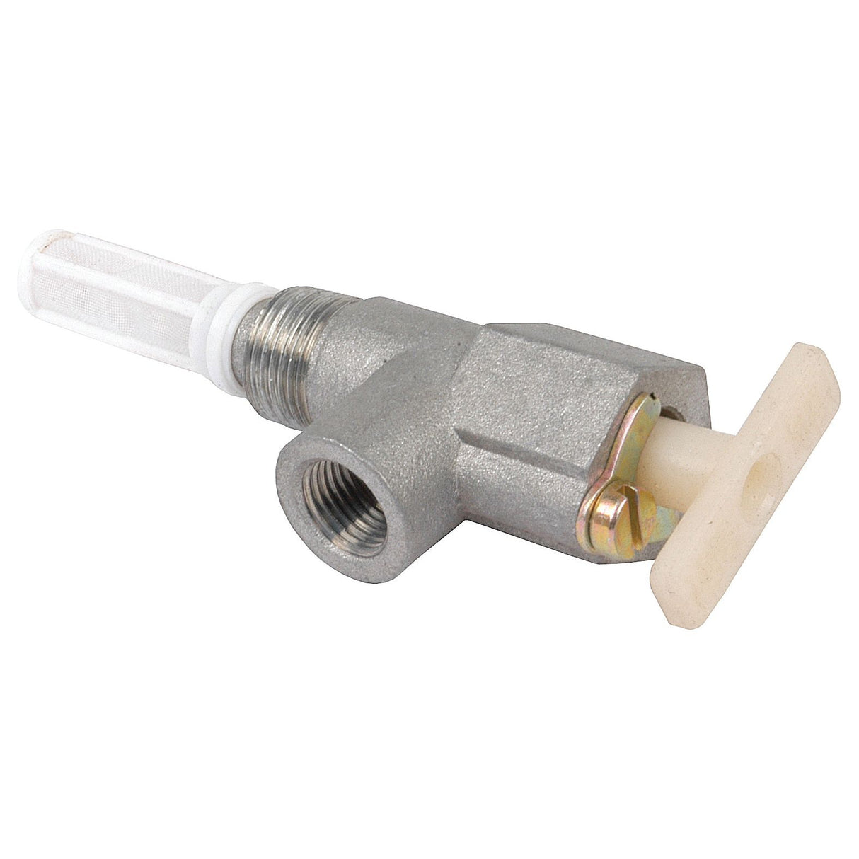 The Sparex Fuel Tap (Sparex Part No. S.11193) is a metallic valve equipped with a white plastic handle, featuring a threaded connector port and a 1/2'' UNF female outlet.