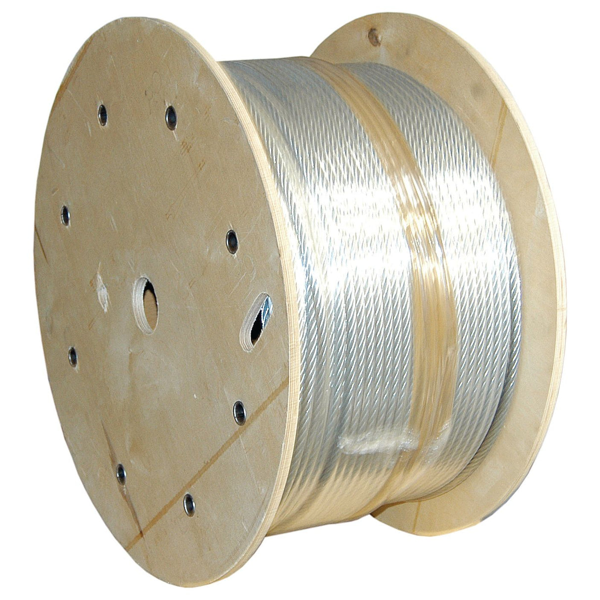 A wooden spool with a large amount of 12mm steel wire rope with a nylon core, stretching up to 110 meters, by Sparex (Sparex Part No. S.11206).
