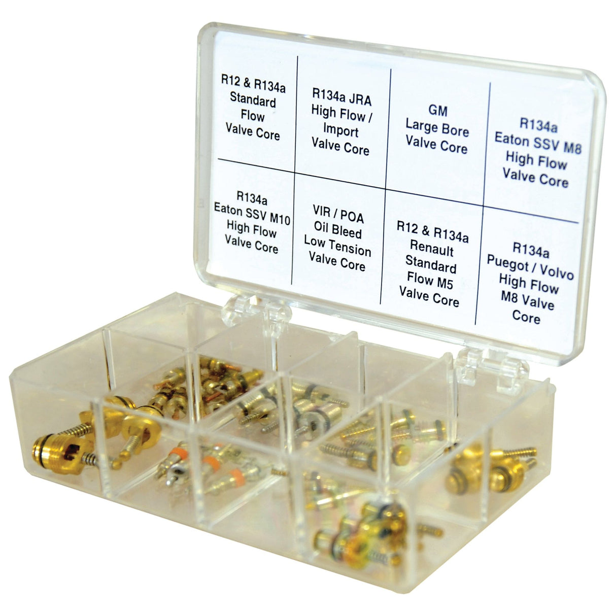 The Sparex R12 & R134A Master Valve Core Repair Kit (Sparex Part No. S.112307) is a plastic box containing an assortment of automotive air conditioning valve cores, with each compartment clearly labeled for specific types such as R12, R134a, GM Large Bore, and High Flow Valve Core.