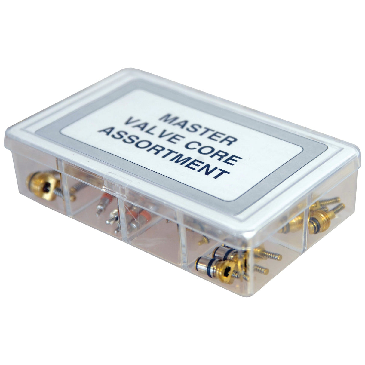 A transparent plastic case labeled "R12 & R134A Master Valve Core Repair Kit" by Sparex, Part No. S.112307, contains various High Flow and Standard Flow Valve Cores, making it perfect for valve core repair.