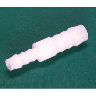 The Hose Connector Straight GRS 4x3mm - S.112488 from Sparex, featuring ribbed ends and a hexagonal center and constructed from durable acetalcopolymerisate (POM), is lying on a dark green surface.