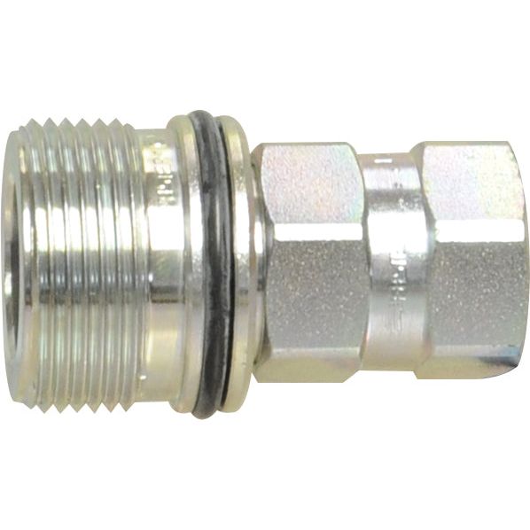 A close-up view of the Poppet Valve Coupling Screw - Female - 1/2" BSP - CVV Series from Sparex, featuring a ribbed threaded end, a hexagonal connector, and a rubber O-ring that resembles precision-engineered BSP fittings.
