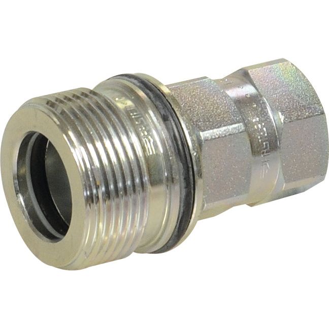 The Sparex Poppet Valve Coupling Screw, Female, 1/2" BSP - CVV Series (Part No. S.112668) is a metallic adapter fitting designed to connect hoses or pipes, featuring hexagonal shapes for wrenches and an O-ring for sealing.