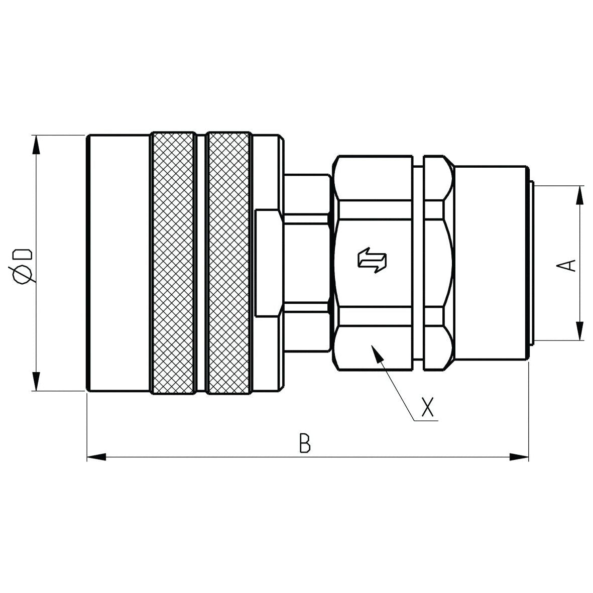 Technical line drawing of a Poppet Valve Coupling Screw - Male - 1''BSP from the CVV Series (Sparex Part No. S.112674), showing various dimensions labeled A, B, D, and X. An arrow marked on the coupling indicates the direction of flow.