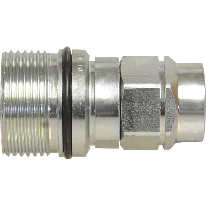 Close-up image of a Sparex Poppet Valve Coupling Screw - Female with metallic hydraulic hose fitting, featuring threaded and hexagonal sections and a 3/4'' BSP CVV Series connection (Sparex Part No. S.112675).