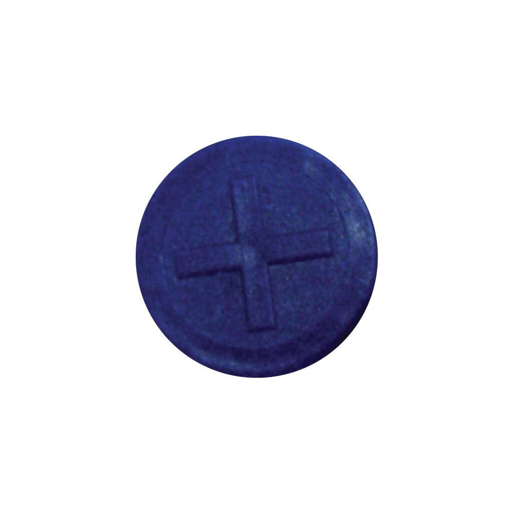 Close-up of the Faster Visual Indicator - Blue (+), Sparex Part No.S.112711: a small, round, dark blue Sparex product with a raised cross symbol on its surface, serving as a visual indicator.