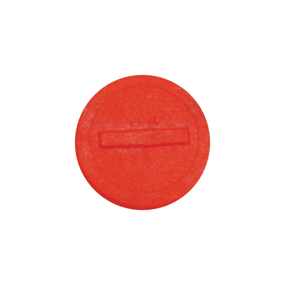 The Sparex Faster Visual Indicator - Red (-), Part No.S.112719, is a single red, round plastic coin with a horizontal rectangular indentation in the center, designed to serve as a visual indicator against a white background.