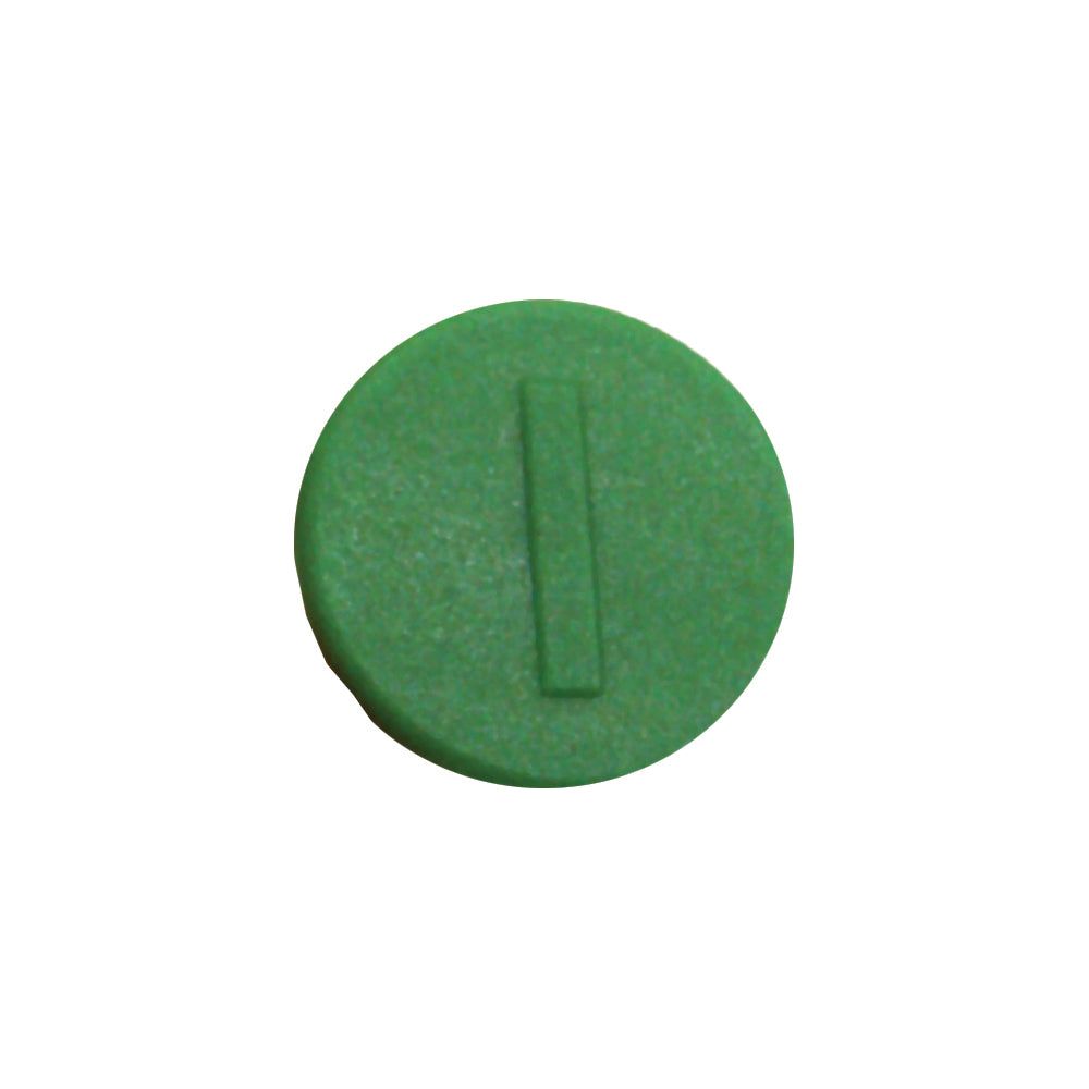 A close-up image of the Sparex Faster Visual Indicator - Green (-) (Sparex Part No. S.112722) showcases a small, round, green button with a single raised vertical line in the center.