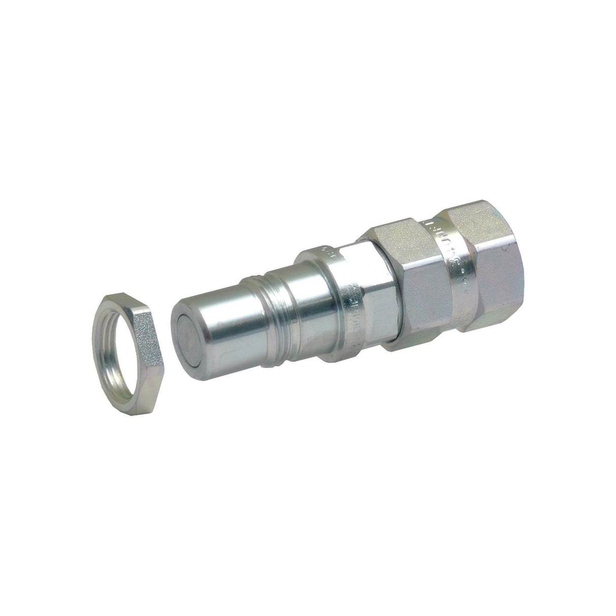 A metal hydraulic coupler from Sparex's Kit Multifaster, featuring a hexagonal nut beside it to showcase its threaded connection design, and labeled as a Size 3/8'' - 1/2'' BSP male cartridge (Sparex Part No. S.112726).