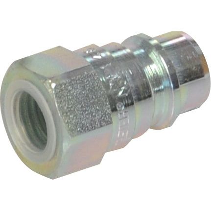 A close-up of the Faster Quick Release Hydraulic Coupling by Sparex, featuring a hexagonal nut and a grooved cylindrical surface, showcases the precision of this 1/4" body hydraulic fitting. Constructed from durable carbon steel, it includes a 1/4" BSP female thread for secure connectivity. The Sparex Part No. is S.112740.