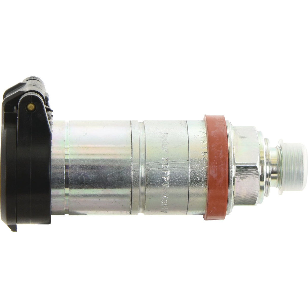 Introducing the Sparex Faster Dust Cap 1/2'' Black, designed specifically for the TA Series (TA12N - S.112752) female coupling. This dust cap features a durable metallic cylindrical body, a red seal for secure connections, and a black plastic cap on one end to keep out debris and dust.