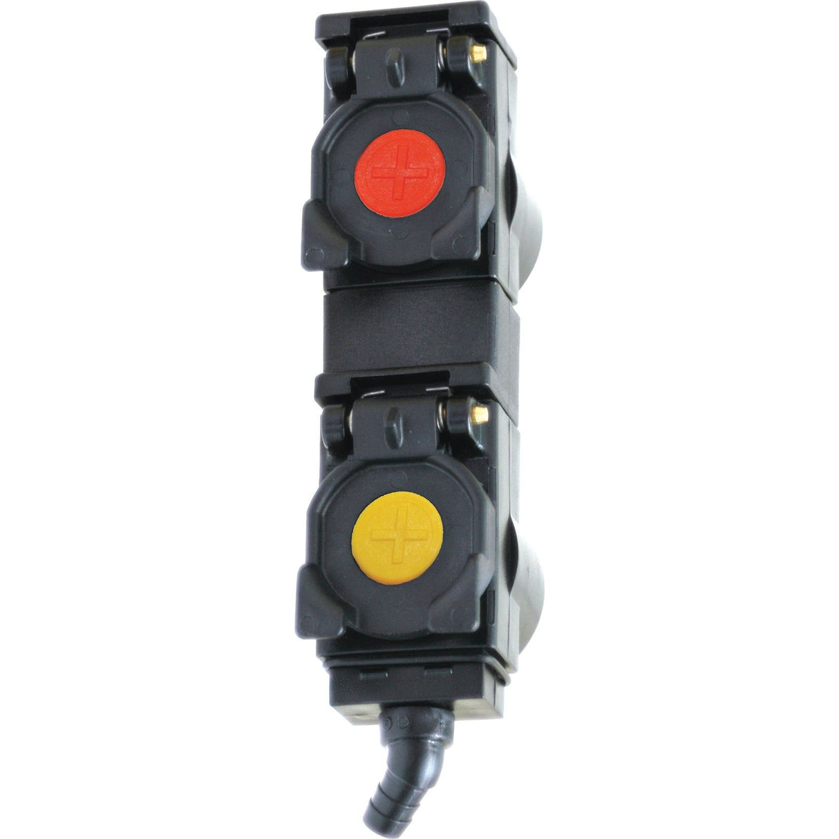 The Faster TARV Oil Collection System (Sparex Part No. S.112759) by Sparex is an electrical connector featuring two circular ports with plastic covers—one red and one yellow. It integrates seamlessly with a Double Unit system and has a hooked cable at the bottom.
