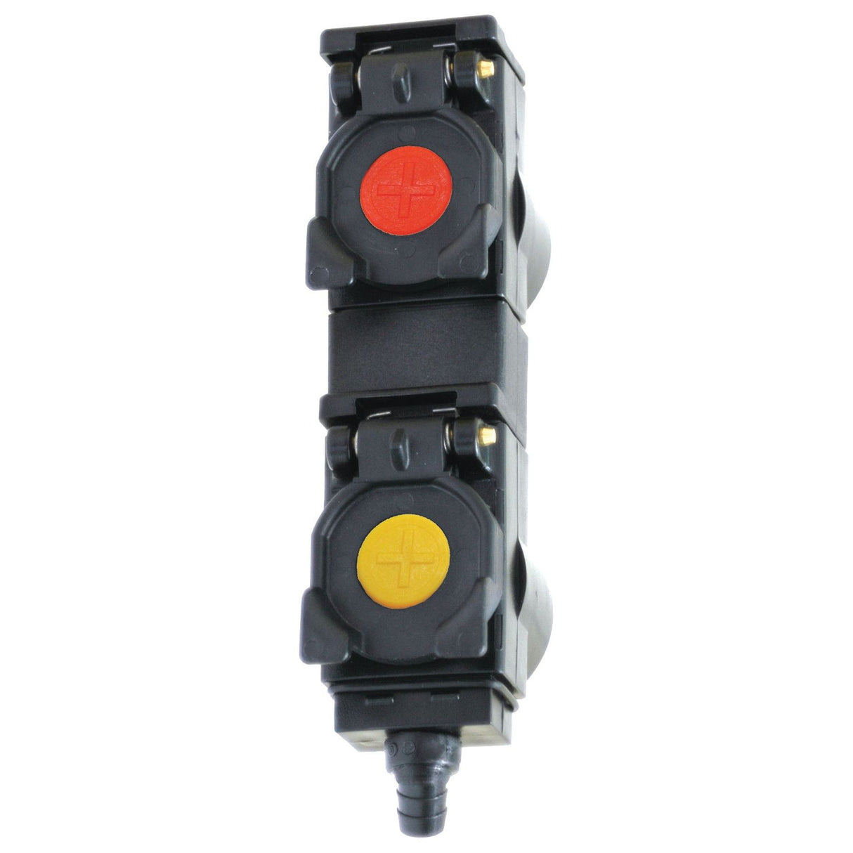 A Sparex black electrical connector, part number S.112760 from the Faster TARV Oil Collection System, featuring two stacked sockets - one with a red cap and the other with a yellow cap - designed for connecting and securing electrical circuits.
