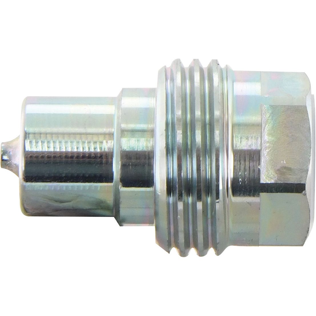 The Sparex Poppet Valve Coupling Screw - Male - 1/2'' BSP - VV Series (Sparex Part No. S.112798) is a metal hex nut with a cylindrical extension featuring multiple ridges and a shiny finish, ideal for BSP thread applications.