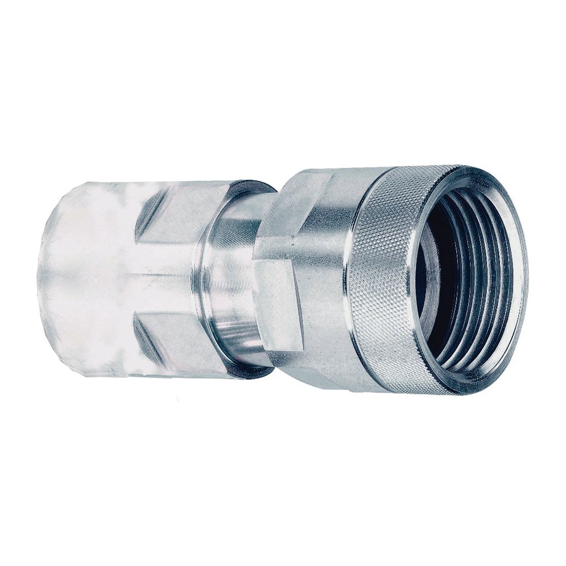 Close-up image of the Poppet Valve Coupling Screw from the VVS Series by Sparex, showcasing its metallic hexagonal design with threaded ends. This component, identified as Sparex Part No.S.112801, is used for joining pipes or hoses in plumbing or industrial systems and is compatible with Female 3/8 BSP fittings.