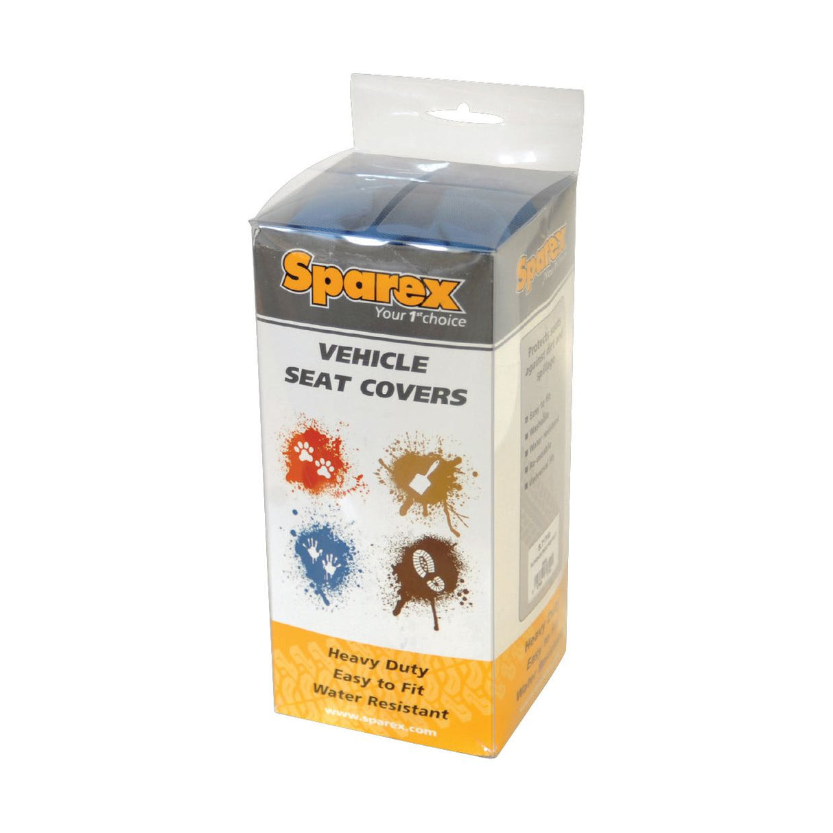 A packaged set of Sparex vehicle seat covers (Seat Cover - Renault Traffic 2001 > 2014 | Sparex Part No.S.113162) in a blue container highlights their heavy-duty, easy-to-fit, and water-resistant features as front seat covers.