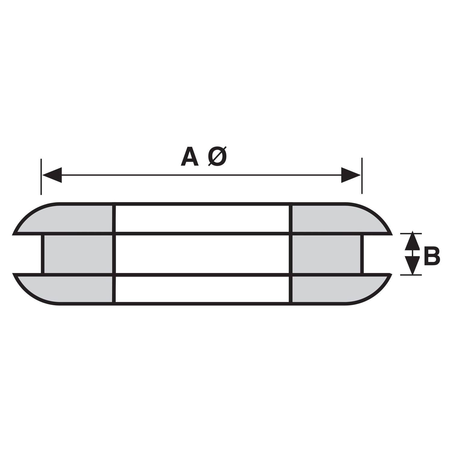 A diagram of a cylindrical object with outer diameter labeled "A Ø" and thickness labeled "B", featuring an Open Grommet for securing cables, included in the Open and Blind Grommet Assortment (270 pcs.) Handipak by Sparex (Sparex Part No.S.11350).