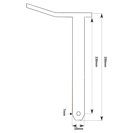 A technical drawing of the Swinging Drawbar Hinge Pin 25x330mm | Sparex Part No.S.11352 by Sparex, depicting dimensions as follows: 350mm in height, 25mm width at the base, a thickness of 7mm, and an angled extension at the top featuring a Hole Ø 7mm.