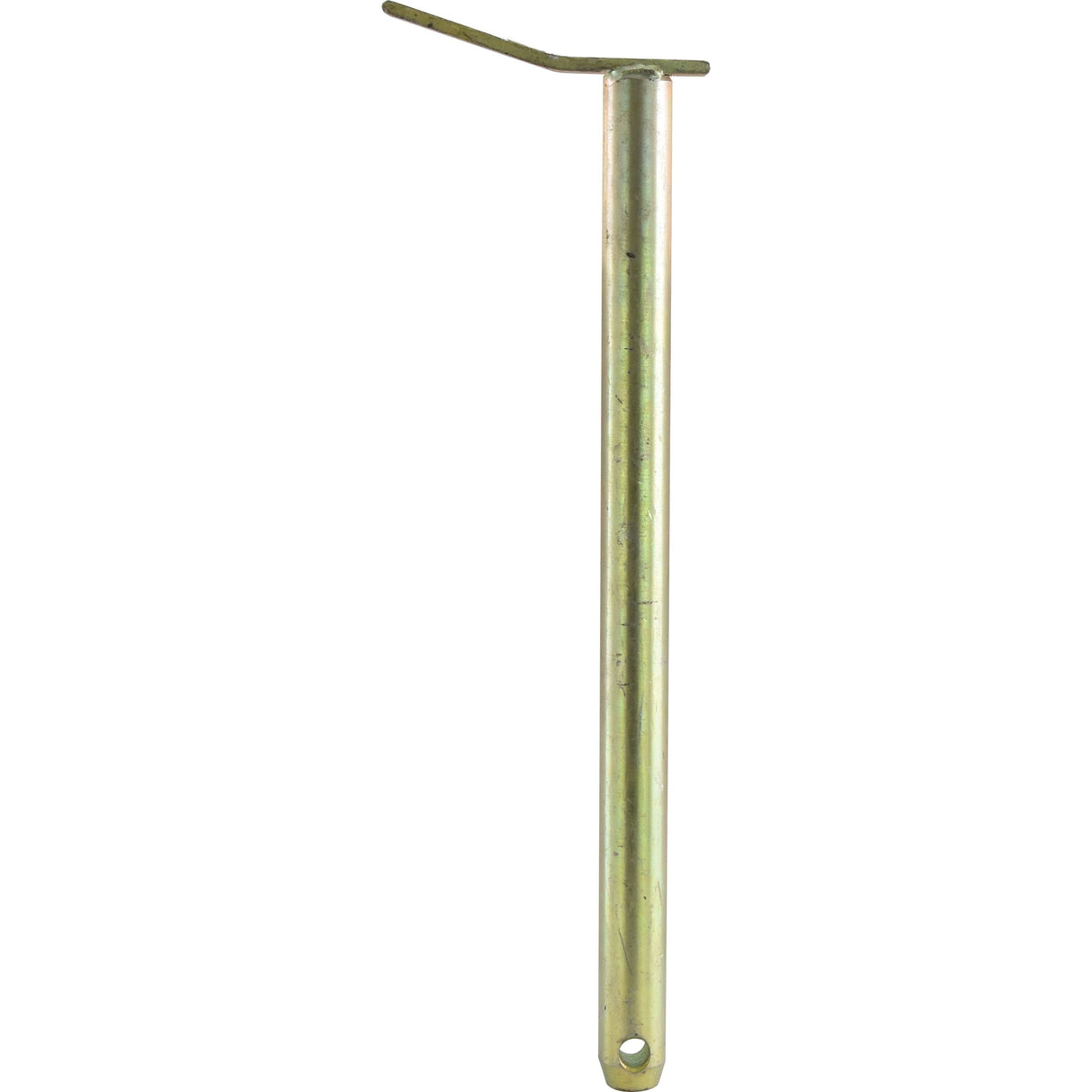 A Sparex Swinging Drawbar Hinge Pin, part number S.11379, features a cylindrical body with a flat, slightly bent head and a hole near the bottom for secure fastening. This metallic clevis pin has an overall length of 355mm and a pin diameter of 25mm.