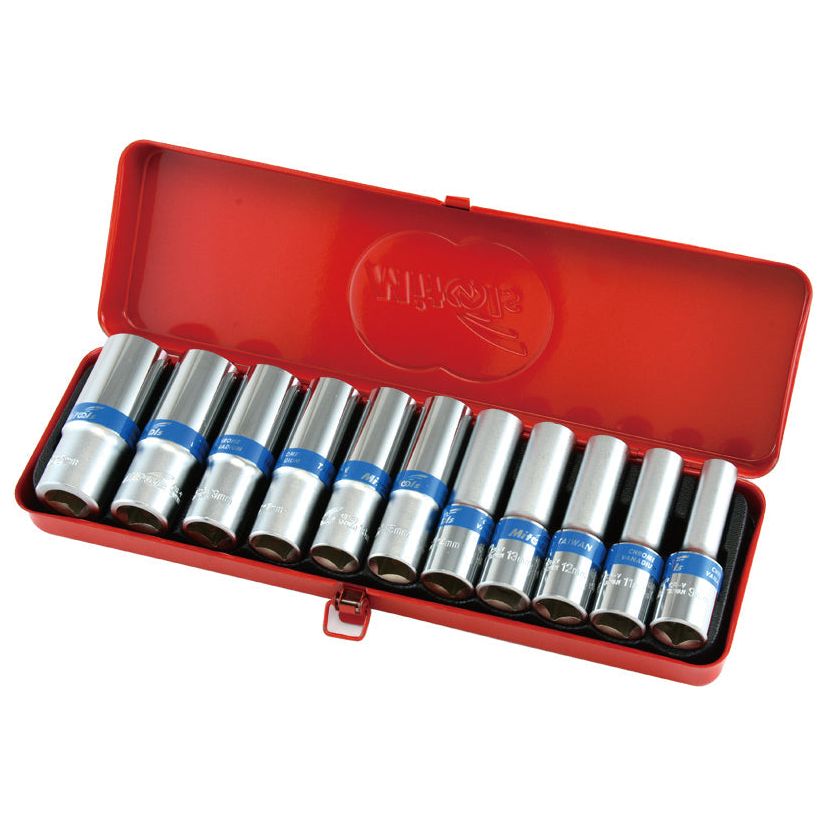 A red metal tin is open, revealing a neatly arranged row of eleven silver Sparex sockets from the 3/8'' Drive Deep Socket Set (S.113801), each adorned with distinctive blue bands.