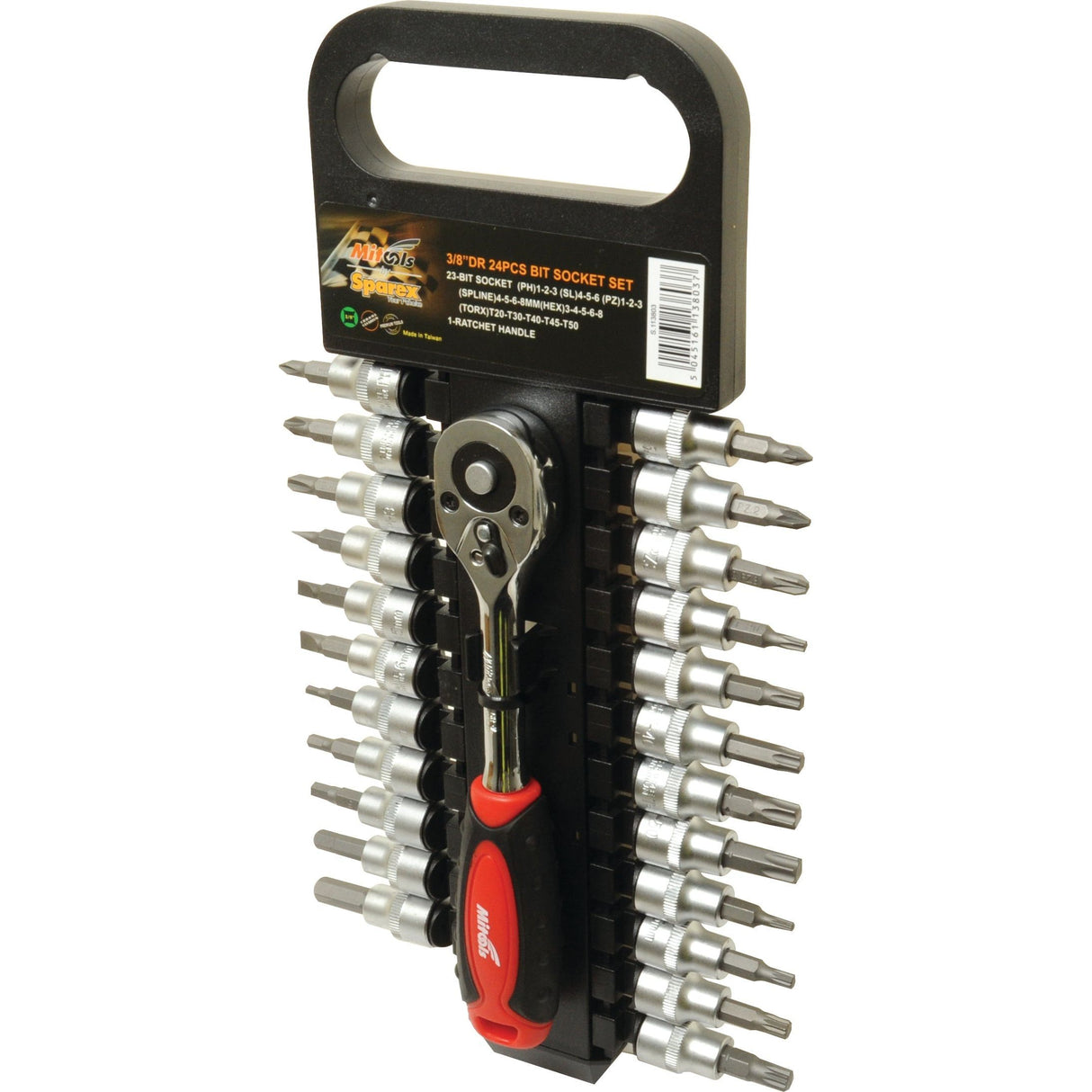 Introducing the 3/8'' Drive Ratchet Socket Set (24 pcs.) - S.113803 by Sparex, featuring a quick release ratchet handle and neatly arranged in a black holder with a carrying handle.
