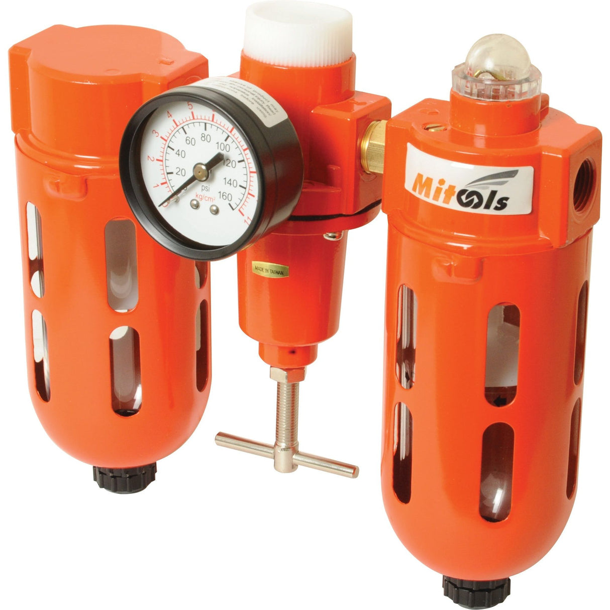 An orange Sparex Combo Air Line Filter 3/8'' BSP with a pressure gauge, proudly displaying the Mitools logo, identified as Sparex Part No. S.113811.