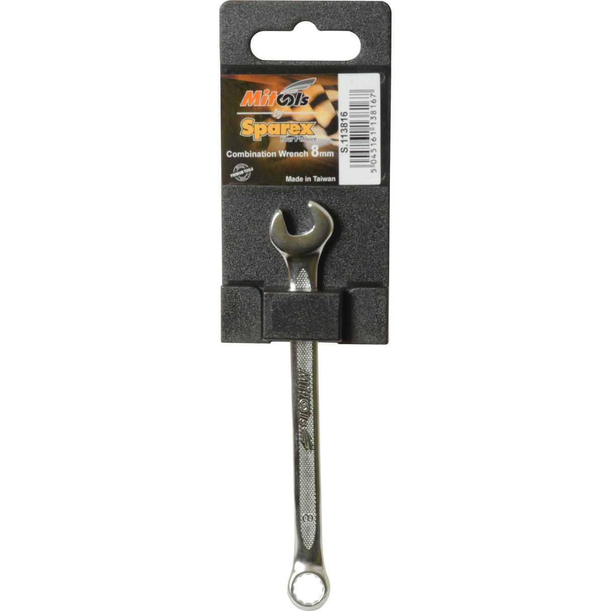 The "Sparex Combination Spanner," part number S.113816, features an 8mm size and a durable chrome vanadium finish. This combination spanner is secured in black packaging with a barcode and text indicating it is made in Taiwan.