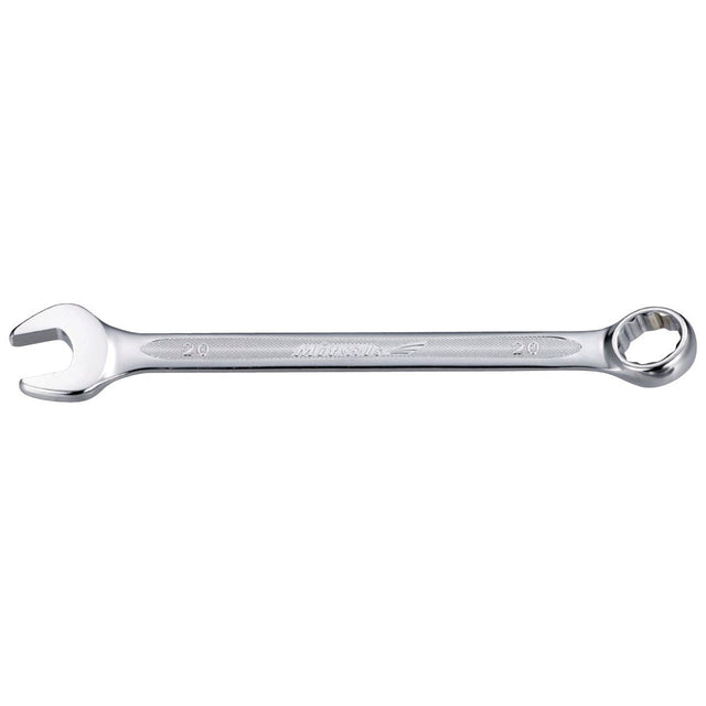 The Sparex Combination Spanner 19mm (Part No. S.113827) is a robust tool made from durable Chrome Vanadium, in a sleek silver finish, featuring a dual-ended design with an open-end on one side and a ring-end on the other.